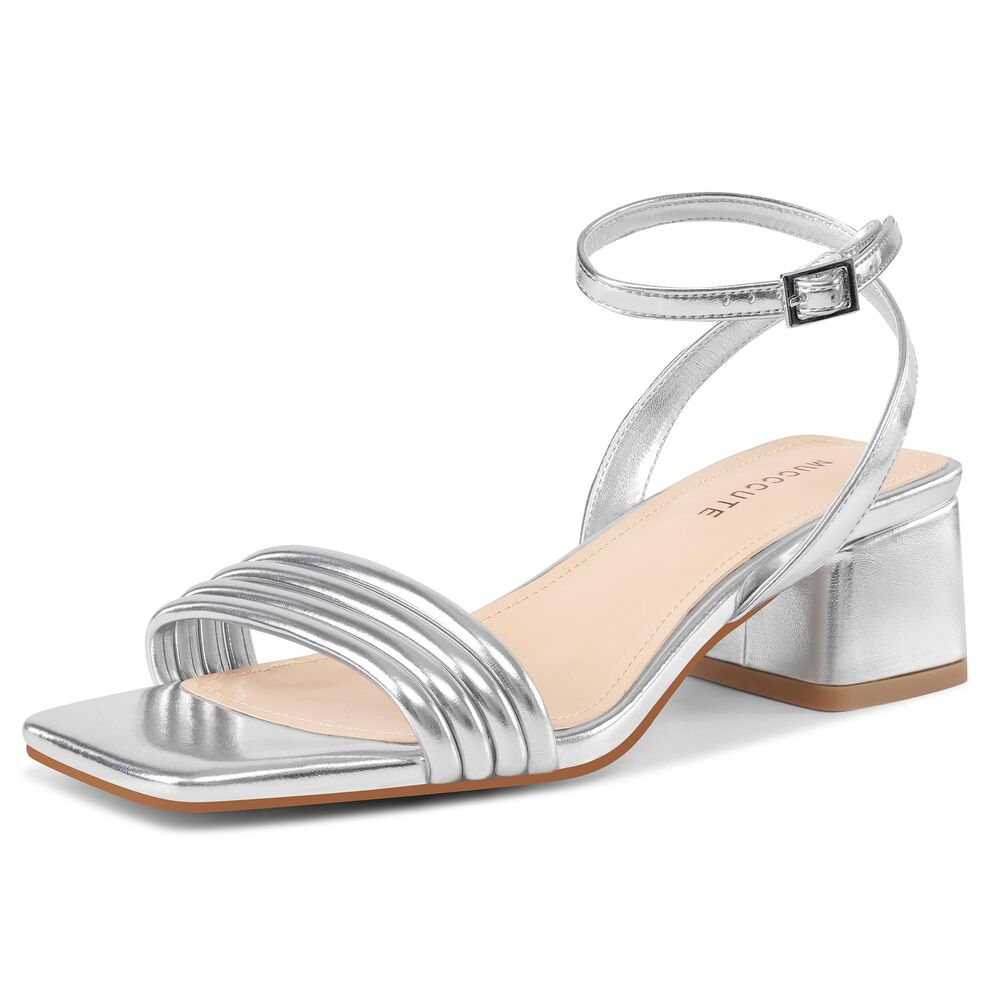 Silver Strappy Heels For Women Chunky Heel Open Square Toe, SIZE 8, 24A-175S002